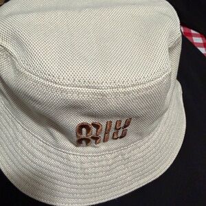 Miu Miu Cream Bucket Hat with Brown Embroidery